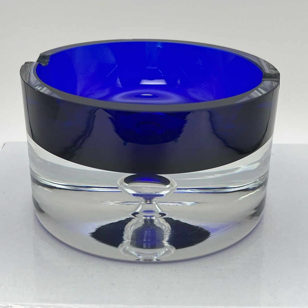 Vintage Krosno Poland Art Glass Ashtray Cobalt Blue Heavy Floating Bubble MCM